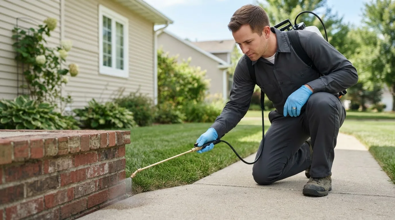 Pest control technician treating a home near Dime Box, TX