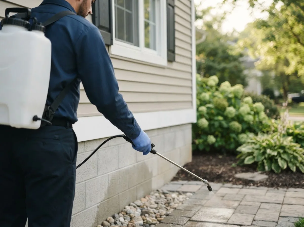 Pest control technician inspecting a home in Dime Box, TX